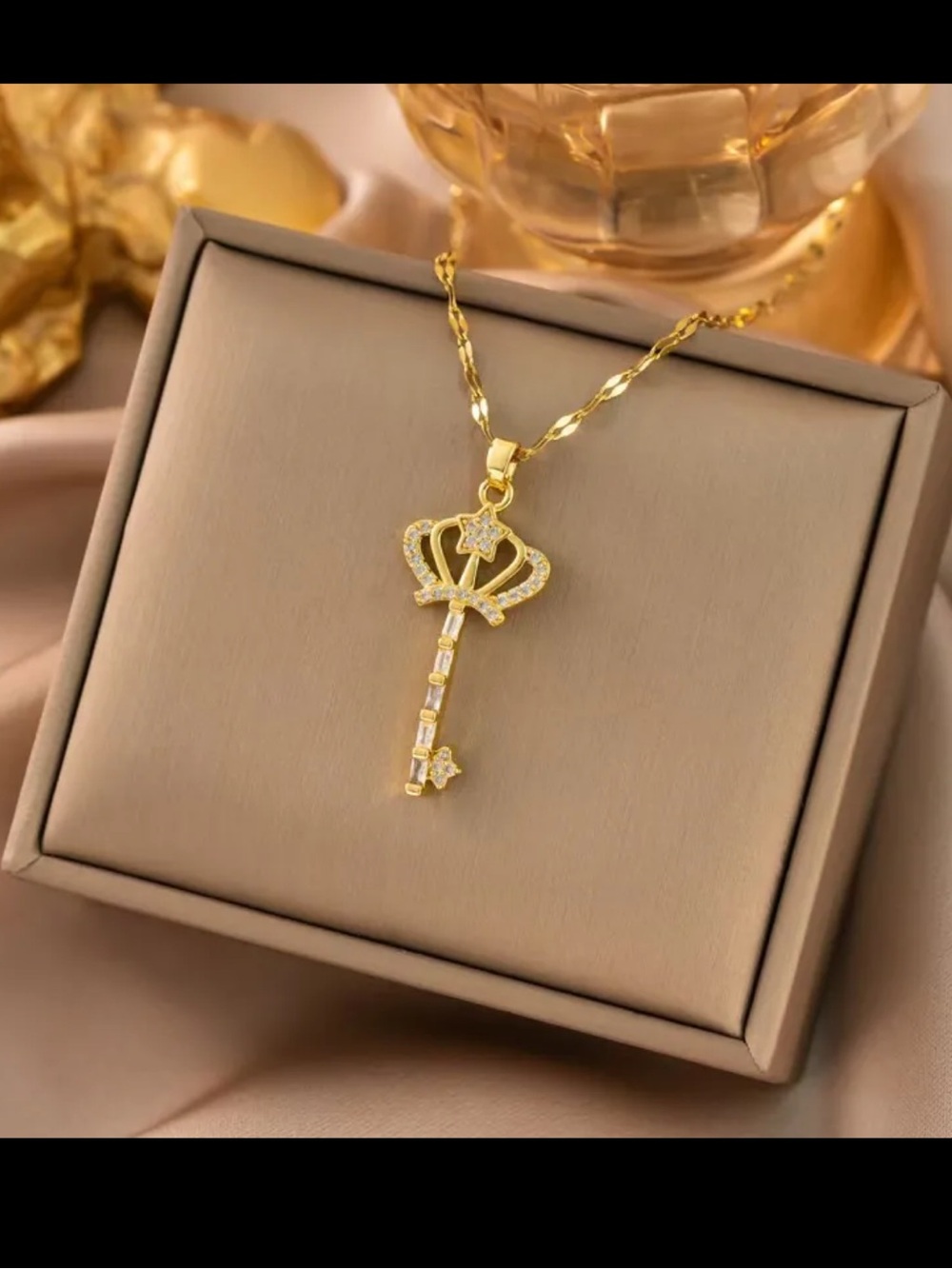 Gold Key Pendant Necklace with Cubic Zirconia - Women's Jewelry